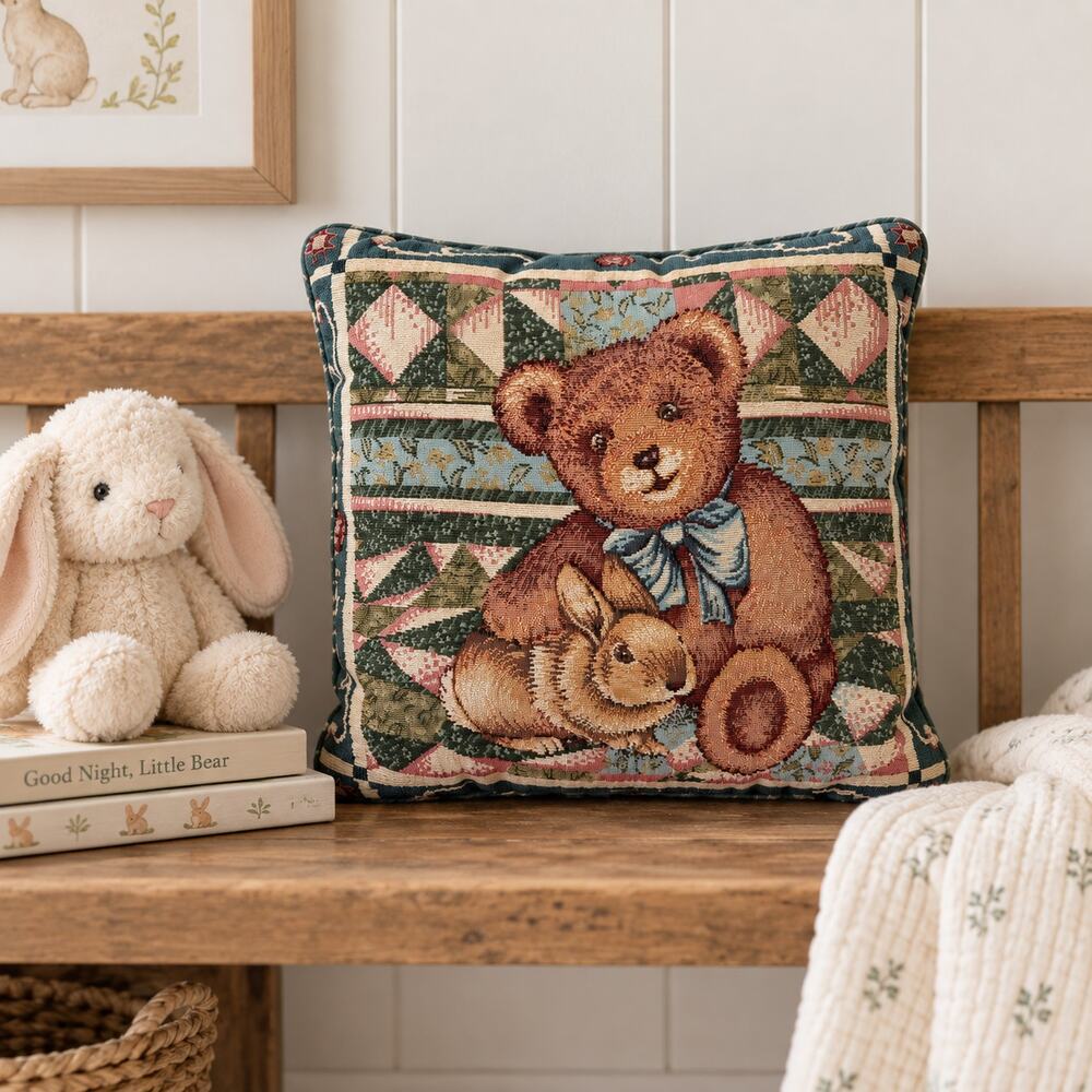 Teddy Bear Bunny Tapestry Throw Pillow Cottagecore Nursery Decor 12 Inch